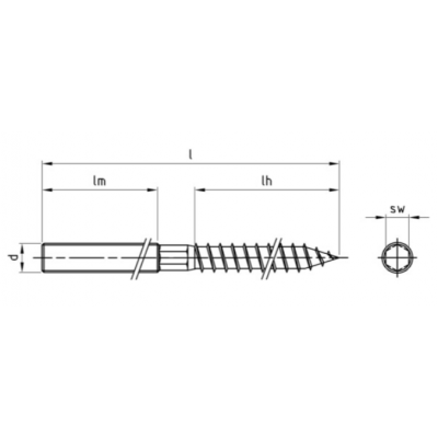 Goujon d´ancrage double filetage bois/métrique avec surface de clé INOX A2 M8X80