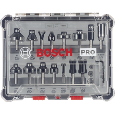 BOSCH Kit de fraises mixtes PRO, emmanchement 8 mm, 15 pièces