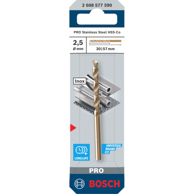 BOSCH Foret hélicoïdal PRO Stainless Steel HSS-Co, 2,5 x 30 x 57 mm