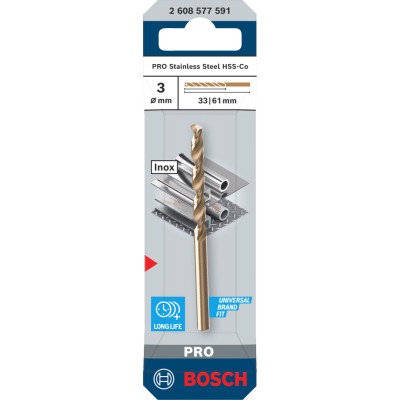 BOSCH Foret hélicoïdal PRO Stainless Steel HSS-Co, 3 x 33 x 61 mm