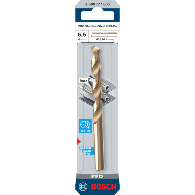 BOSCH Foret hélicoïdal PRO Stainless Steel HSS-Co, 6,5 x 63 x 101 mm