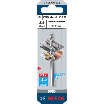 BOSCH Foret hélicoïdal PRO Metal HSS-G, 2,5 x 30 x 57 mm 2PCS