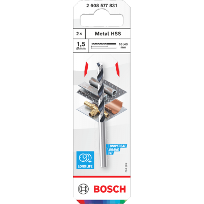 BOSCH Foret hélicoïdal Metal HSS, 1,5 x 18 x 40 mm, emmanchement CYL, 2 pièces