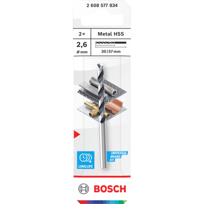 BOSCH Foret hélicoïdal Metal HSS, 2,6 x 30 x 57 mm, emmanchement CYL, 2 pièces