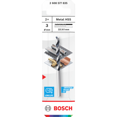 BOSCH Foret hélicoïdal Metal HSS, 3 x 33 x 61 mm, emmanchement CYL, 2 pièces