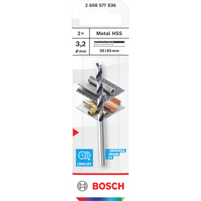 BOSCH Foret hélicoïdal Metal HSS, 3,2 x 36 x 65 mm, emmanchement CYL, 2 pièces