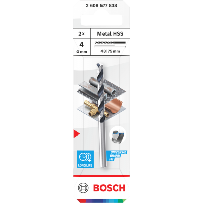 BOSCH Foret hélicoïdal Metal HSS, 4 x 43 x 75 mm, emmanchement CYL, 2 pièces