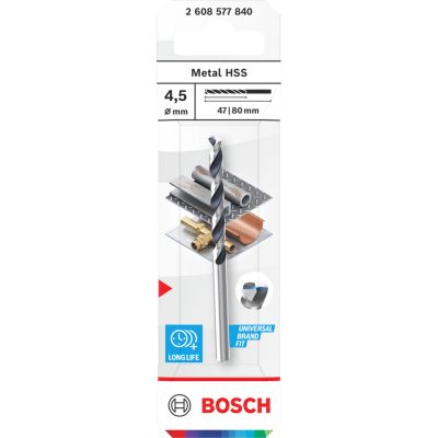 BOSCH Foret hélicoïdal Metal HSS, 4,5 x 47 x 80 mm, emmanchement CYL