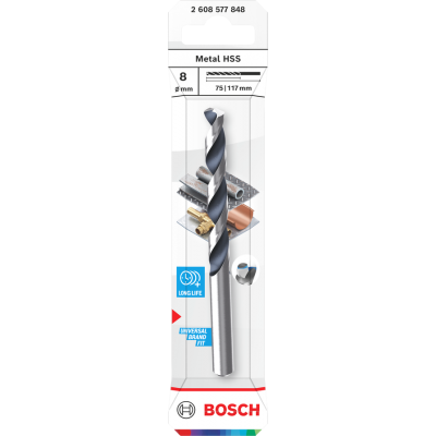 BOSCH Foret hélicoïdal Metal HSS, 8 x 75 x 117 mm, emmanchement CYL