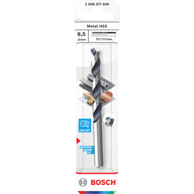 BOSCH Foret hélicoïdal Metal HSS, 8,5 x 75 x 117 mm, emmanchement CYL