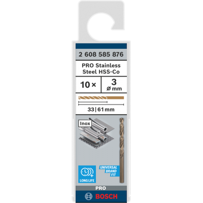 BOSCH Foret hélicoïdal PRO Stainless Steel HSS-Co, 3 x 33 x 61 mm, 10 pièces