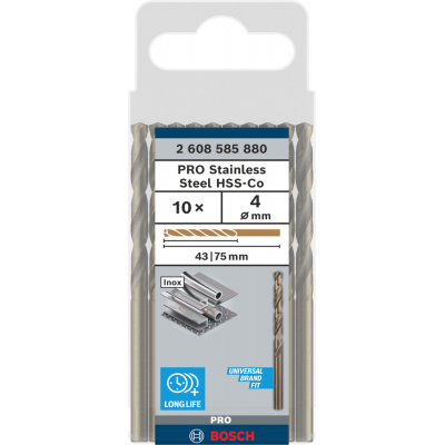 BOSCH Foret hélicoïdal PRO Stainless Steel HSS-Co, 4 x 43 x 75 mm, 10 pièces