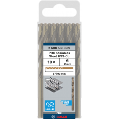 BOSCH Foret hélicoïdal PRO Stainless Steel HSS-Co, 6 x 57 x 93 mm, 10 pièces