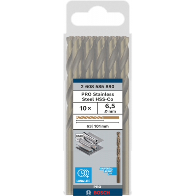 BOSCH Foret hélicoïdal PRO Stainless Steel HSS-Co, 6,5 x 63 x 101 mm, 10 pièces