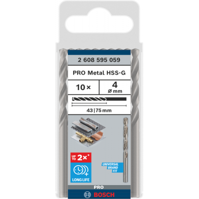 BOSCH Foret hélicoïdal PRO Metal HSS-G longueur standard, 4 x 43 x 75 mm, 10 pièces
