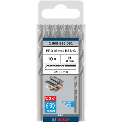 BOSCH Foret hélicoïdal PRO Metal HSS-G longueur standard, 5 x 52 x 86 mm, 10 pièces