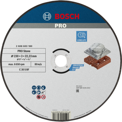 BOSCH Disque à tronçonner aggloméré PRO Stone, 230 x 3 x 22,23 mm, droit