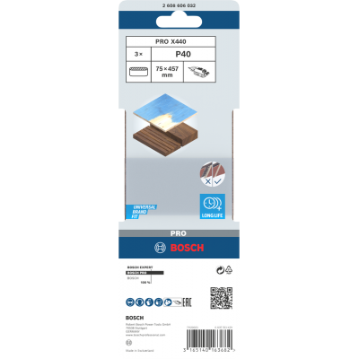 BOSCH Bande abrasive PRO X440, 75 x 457 mm, G40, 3 pièces