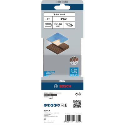 BOSCH Bande abrasive PRO X440, 75 x 457 mm, G60, 3 pièces