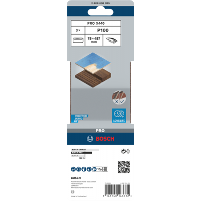 BOSCH Bande abrasive PRO X440, 75 x 457 mm, G100, 3 pièces