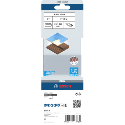 BOSCH Bande abrasive PRO X440, 75 x 457 mm, G150, 3 pièces