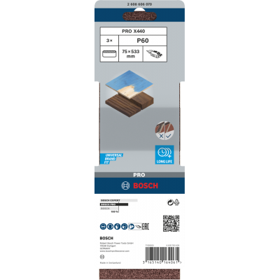 BOSCH Bande abrasive PRO X440, 75 x 533 mm, G60, 3 pièces