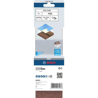 BOSCH Bande abrasive PRO X440, 75 x 533 mm, G80, 3 pièces