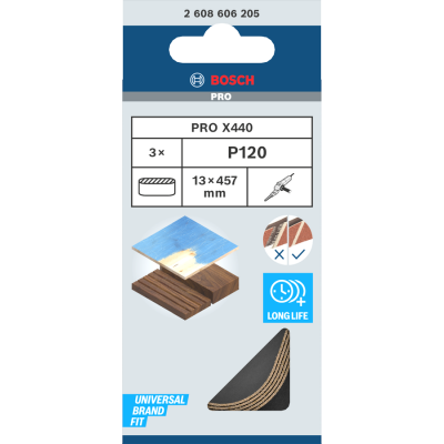 BOSCH Bande abrasive PRO X440, 13 x 457 mm, G120, 3 pièces