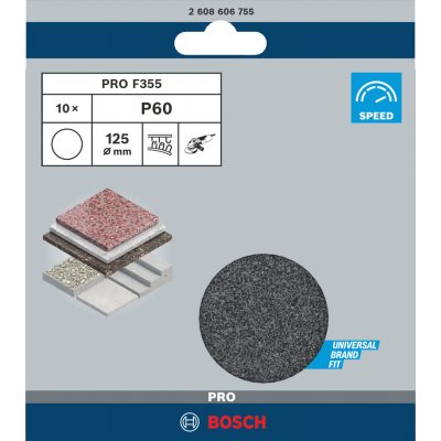 BOSCH Feuille abrasive PRO F355, 125 mm, G60, 10 pièces