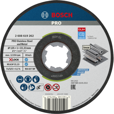 BOSCH Disque à tronçonner aggloméré PRO Stainless Steel and Metal, 125 x 1 x 22,23 mm, X-Lock, droit