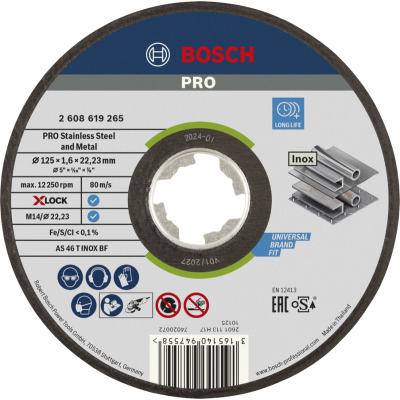 BOSCH Disque à tronçonner aggloméré PRO Stainless Steel and Metal, 125 x 1,6 x 22,23 mm, X-Lock, droit, oSa