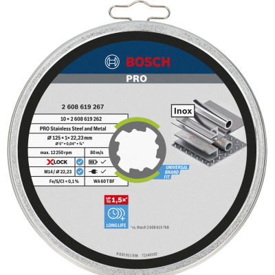 BOSCH Disque à tronçonner aggloméré PRO Stainless Steel and Metal, 125 x 1 x 22,23 mm, X-Lock, droit, 10 pièces