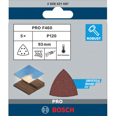 BOSCH Feuille abrasive PRO F460, 93 x 93 mm, G120, 5 pièces