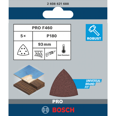 BOSCH Feuille abrasive PRO F460, 93 x 93 mm, G180, 5 pièces