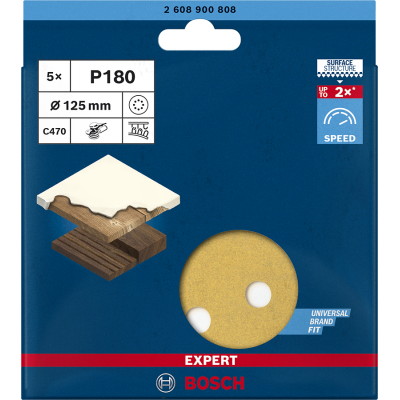 BOSCH Feuille abrasive EXPERT C470 à 8 trous pour ponceuses excentriques 125 mm, G 180, 5 pièces