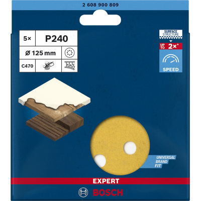 BOSCH Feuille abrasive EXPERT C470 à 8 trous pour ponceuses excentriques 125 mm, G 240, 5 pièces