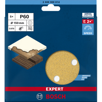 BOSCH Feuille abrasive EXPERT C470 à 6 trous pour ponceuses excentriques 150 mm, G 60, 5 pièces
