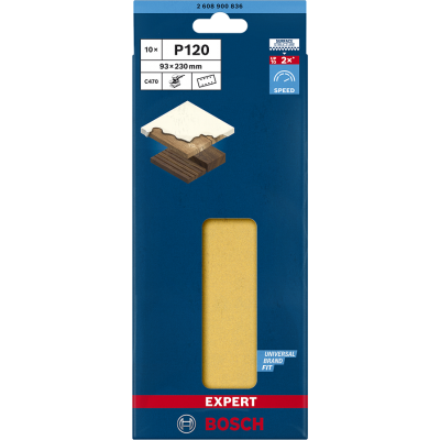 BOSCH Feuille abrasive EXPERT C470 à 8 trous pour ponceuses excentriques 93 x 230 mm, G 120, 10 pièces