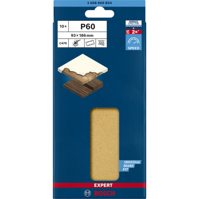 BOSCH Feuille abrasive EXPERT C470 à 8 trous pour ponceuses excentriques 93 x 186 mm, G 60, 10 pièces