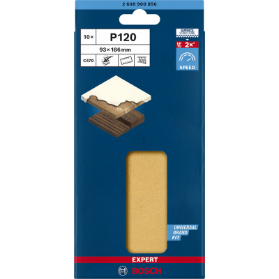 BOSCH Feuille abrasive EXPERT C470 à 8 trous pour ponceuses excentriques 93 x 186 mm, G 120, 10 pièces