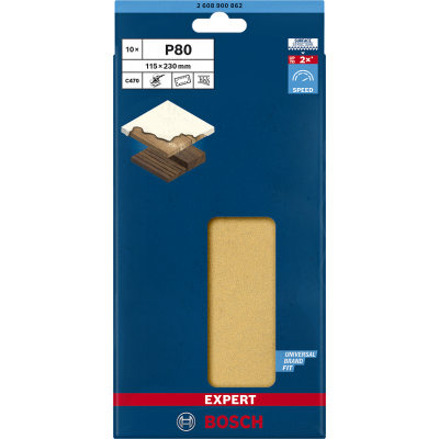 BOSCH Feuille abrasive EXPERT C470 à 14 trous pour ponceuses excentriques 115 x 230 mm, G 80, 10 pièces