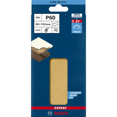 BOSCH Feuille abrasive EXPERT C470 à 8 trous pour ponceuses excentriques 80 x 133 mm, G 60, 10 pièces