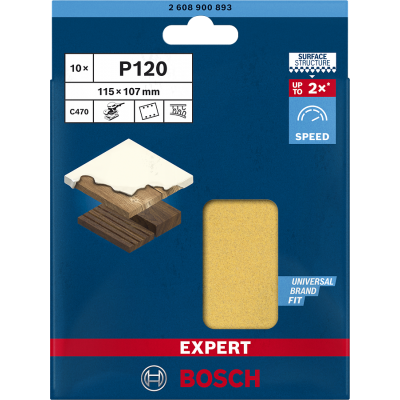 BOSCH Feuille abrasive EXPERT C470 à 6 trous pour ponceuses excentriques 115 x 107 mm, G 120, 10 pièces