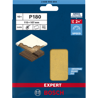 BOSCH Feuille abrasive EXPERT C470 à 6 trous pour ponceuses excentriques 115 x 107 mm, G 180, 10 pièces