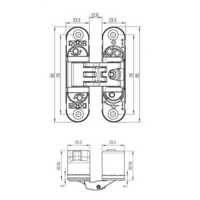 KOBLENZ CHARNIÈRE RÉGLABLE INVISIBLE K6200 CHROME SATINÉ RÉVERSIBLE 95x23,3mm